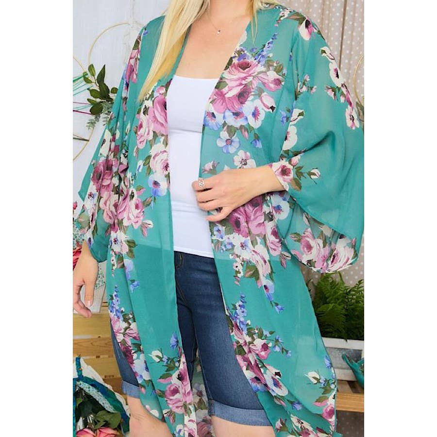 PLUS SIZE FLORAL ASYMMETRICAL KIMONO