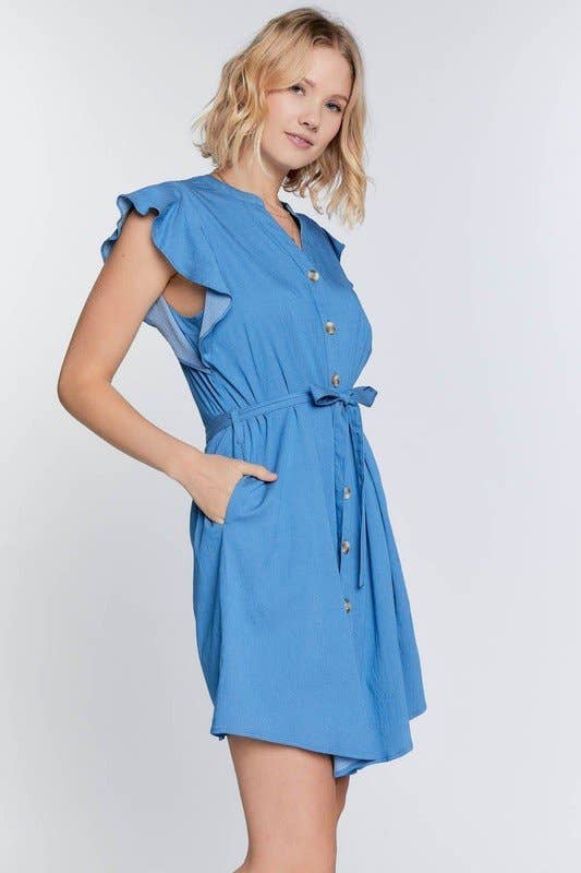 FLUTTER SLEEVE DRESS WITH WAIST BELT